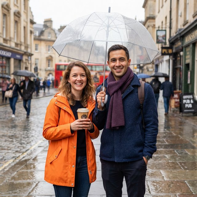 A man with a purple scarf holding a transparent umbrella, standing to the right of a woman in an orange raincoat who holds a paper cup, both facing the camera. — Nano Banana 2 Lite