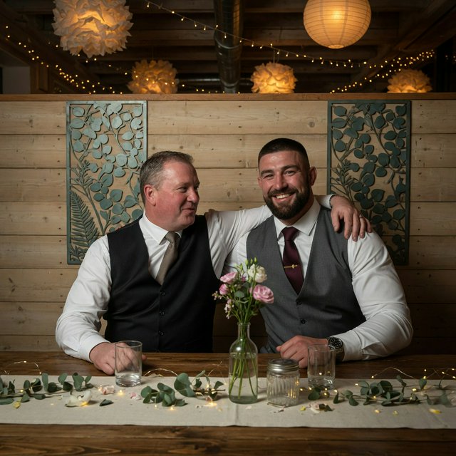 (Character1: rugby player body type, tall, brunet male, age 30, buzzcut hair and neatly groomed matching beard). Medium eye-level shot, photorealistic, two men seated at a wooden banquet table: the left middle-aged man wears a white dress shirt, charcoal waistcoat, and taupe tie, with his right arm on the table; the right man, Character1, smiles directly at the camera, wearing a white dress shirt, grey waistcoat, maroon tie, and a watch on his left wrist, with his left arm draped over the first man's shoulder. In the foreground: a table runner with eucalyptus sprigs, small fairy lights, a bottle holding flowers, a glass jar, and a water glass. Background: an exposed light horizontal wood plank wall with two decorative leaf panels, an exposed industrial ceiling with hanging paper lanterns, and fairy string lights. Warm, soft ambient overhead event lighting, natural indoor venue atmosphere, shallow depth of field. Art style: dramatic painterly realism with realistic skin texture, strong chiaroscuro, slightly gritty textured brushwork, fantasy illustration mood. — Grok Imagine Image Quality