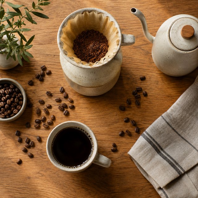 Overhead flat lay of a ceramic pour-over coffee set on oak, roasted beans scattered, a folded linen napkin, warm natural light. — GPT Image 2.5 Flare