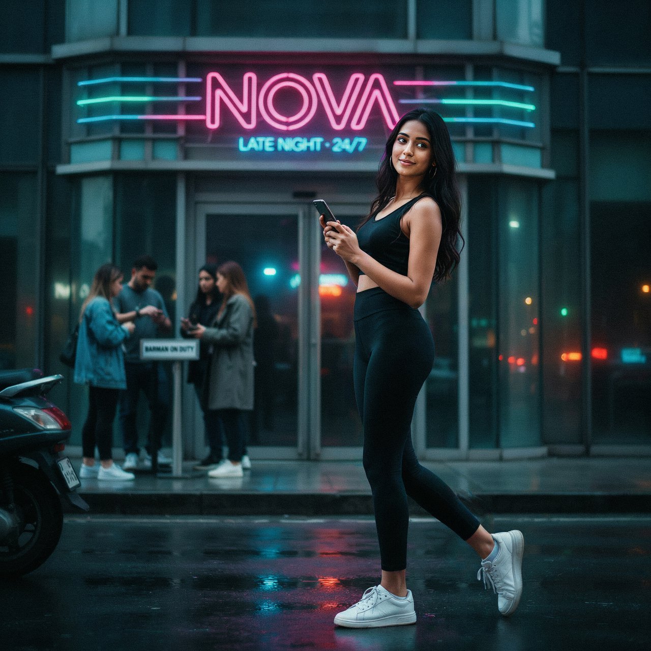 A very pretty Indian woman, 19–27 years old. She is slim with wide hips and is wearing a fitted crop top and leggings. Full-body image. Outside a nightclub. — Ideogram v4