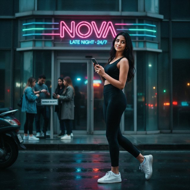 A very pretty Indian woman, 19–27 years old. She is slim with wide hips and is wearing a fitted crop top and leggings. Full-body image. Outside a nightclub. — Model 6
