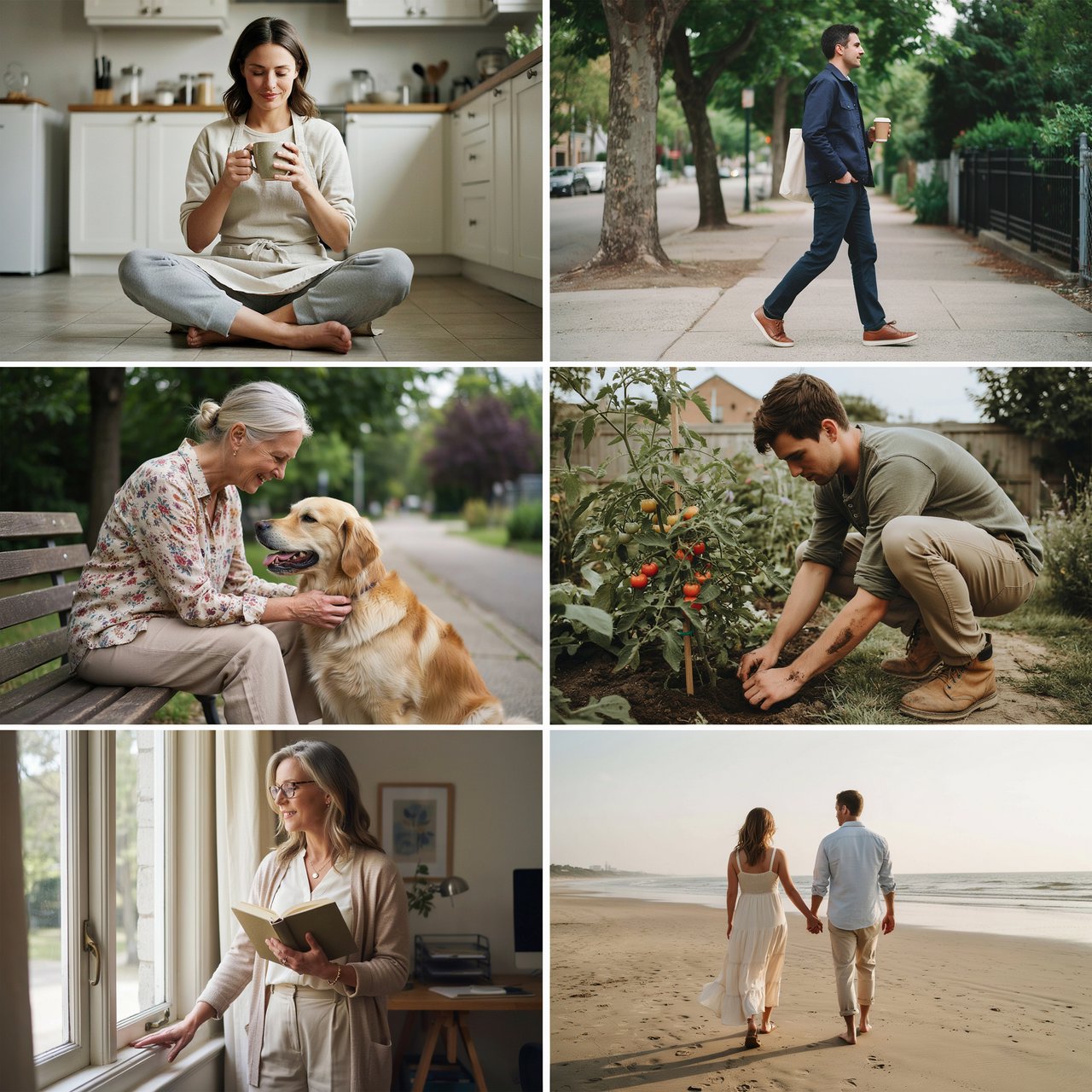A realistic multi-panel composition with 4–7 panels, each depicting an adult enjoying a wonderful day in a distinct everyday setting. — Ideogram v4