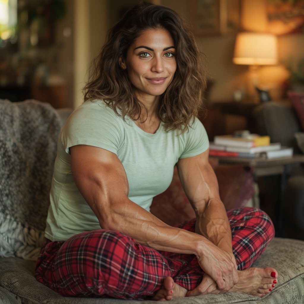 A 28-year-old, 6-foot-tall woman with wavy brunette hair falling just past her shoulders, olive skin, an oval face with soft angular cheekbones, and striking deep green eyes. She has a hyper-muscular, athletic physique built from intense heavy weightlifting and CrossFit — broad shoulders, defined arms, a strong back, and visible core and leg muscle definition — giving her a powerful, statuesque build. Her expression is relaxed and at ease. She lounges comfortably on a couch in her living room, wearing a soft fitted t-shirt and plaid pajama pants, barefoot with red-painted toenails. Warm evening lamp light, cozy lived-in living room background with a throw blanket and a few books on a side table, soft natural shadows, skin texture. — Krea 2 Large