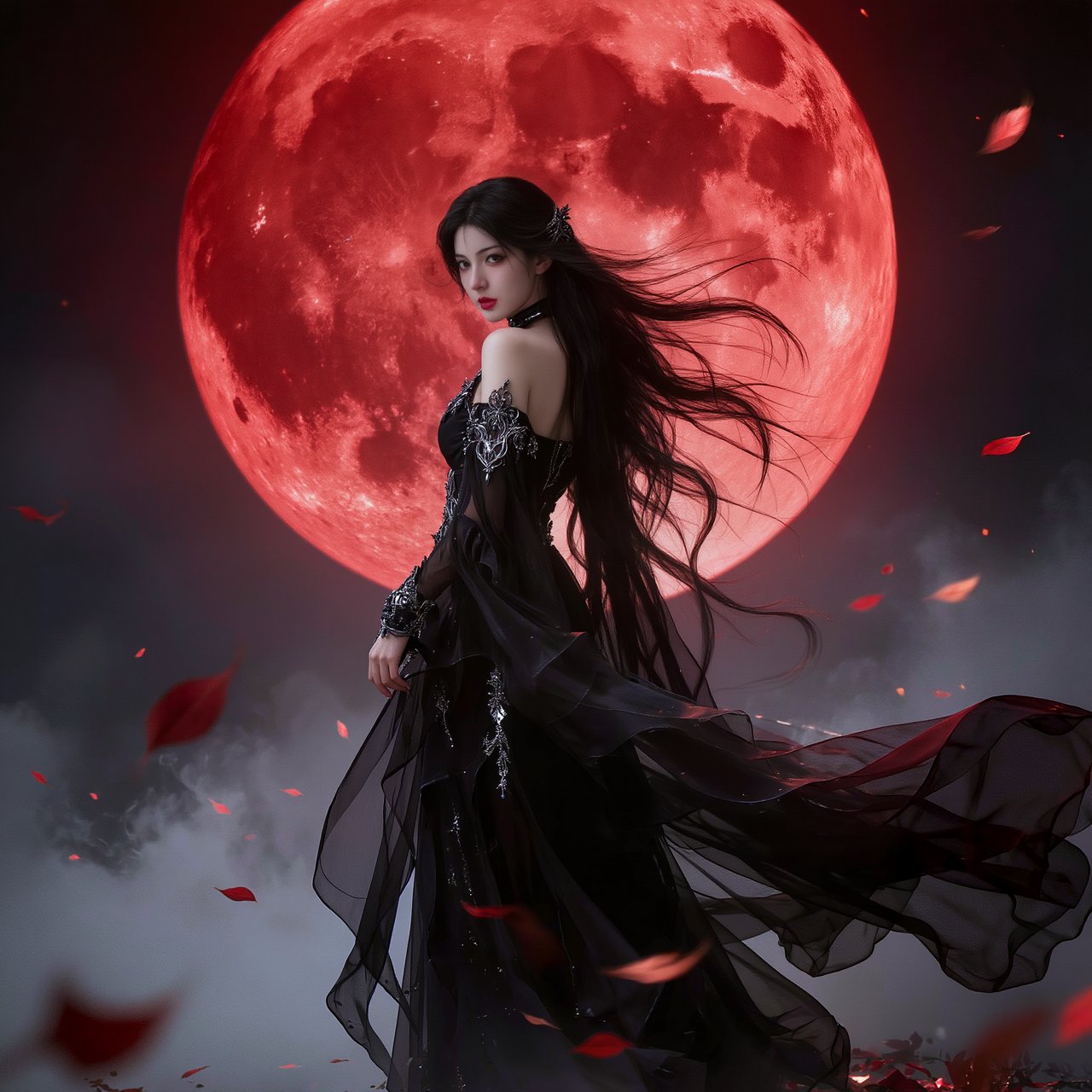 Captivating gothic goddess silhouetted against a blood red moon. Long dark hair blowing in a gentle breeze. Dramatic make-up. Ethereal black garment with silver details billowing in the breeze. Pensive expression. — Kling v3