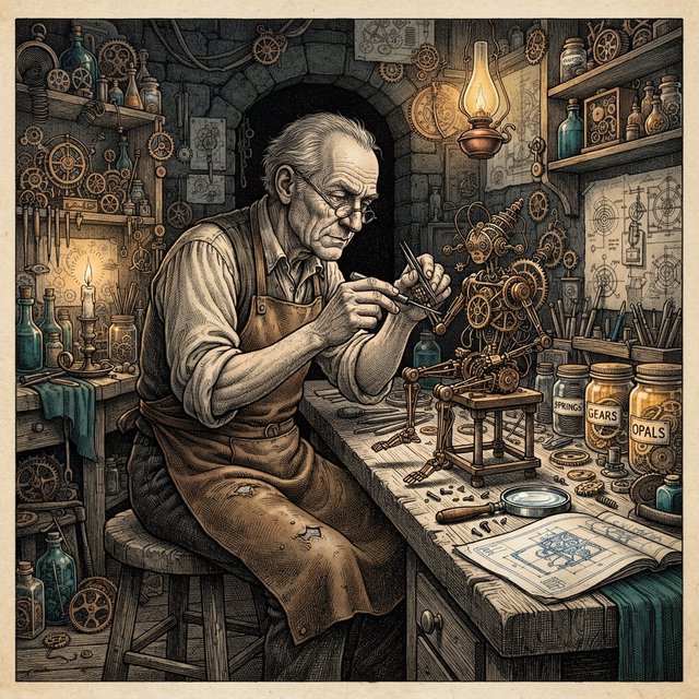 Engraved ink illustration of an adult clockmaker assembling a whimsical brass automaton in a candlelit workshop, with gears, springs, and glass jars surrounding the bench. Palette of charcoal, copper, teal, and honey yellow, with crisp crosshatching and warm shadows. — Nano Banana 2 Lite