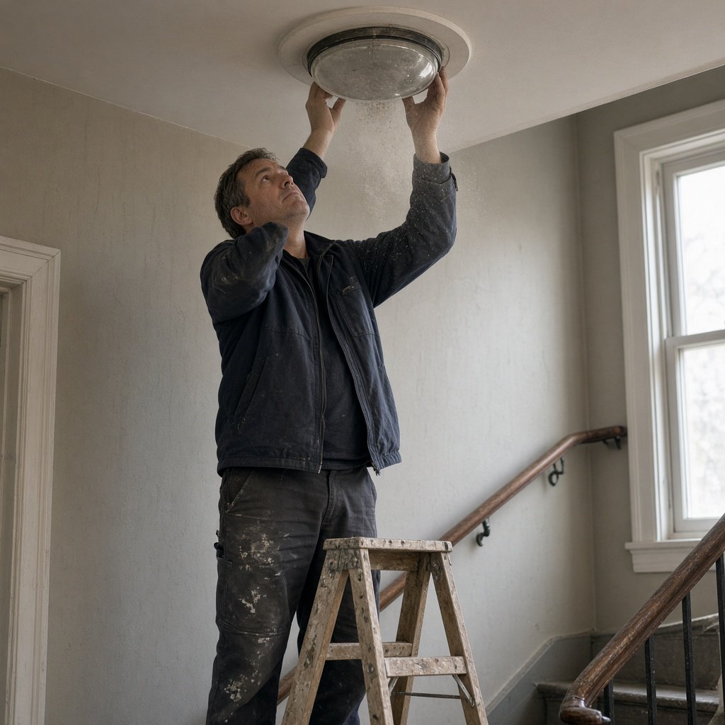 Candid documentary photograph of an adult building caretaker changing a ceiling light in a quiet apartment stairwell, pale afternoon window light, 35mm lens with moderate depth of field, plaster dust drifting from the fixture. — Grok Imagine Image 2
