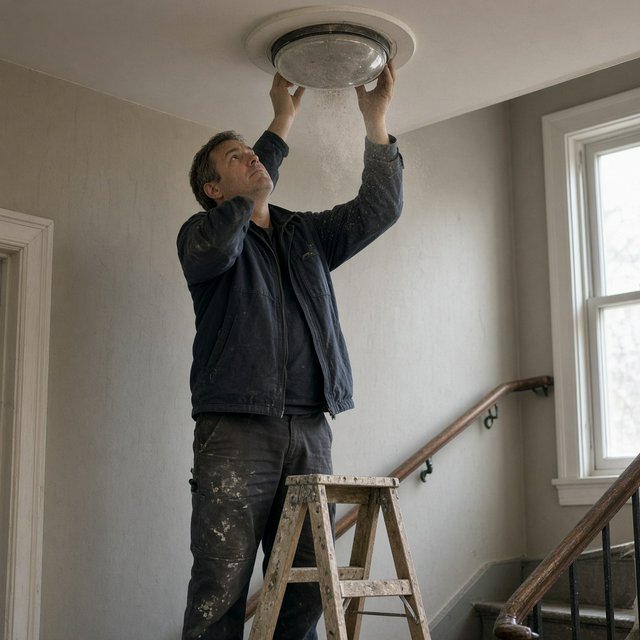 Candid documentary photograph of an adult building caretaker changing a ceiling light in a quiet apartment stairwell, pale afternoon window light, 35mm lens with moderate depth of field, plaster dust drifting from the fixture. — Grok Imagine Image 2