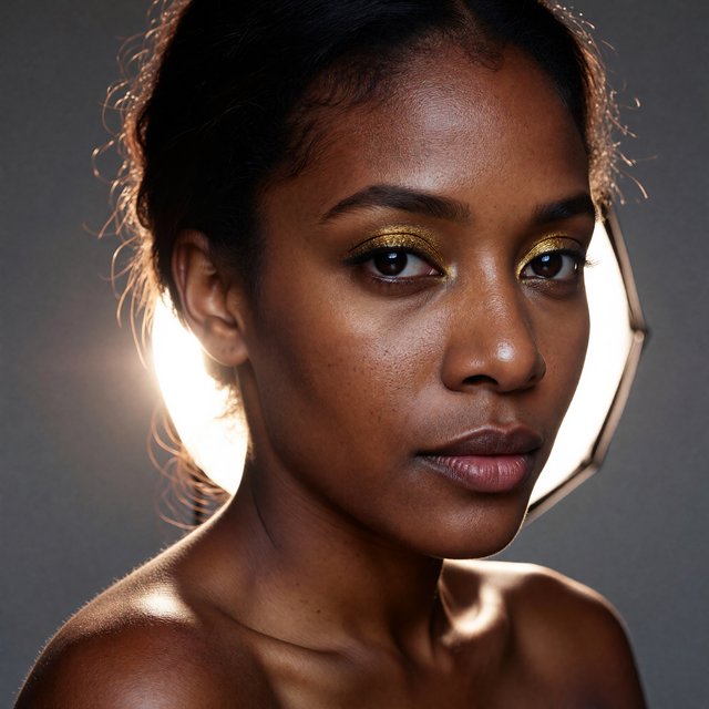 Beauty close-up of an adult woman with bronzed skin and gold eye makeup, bare shoulders, studio backlight halo, high-end campaign look. — ImagineArt 1.5 Pro