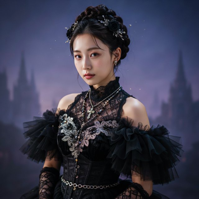 Surreal, ethereal East Asian adult beauty, 21 years old, in maximalist Gothic attire, with the most beautiful expression. — Ideogram v4
