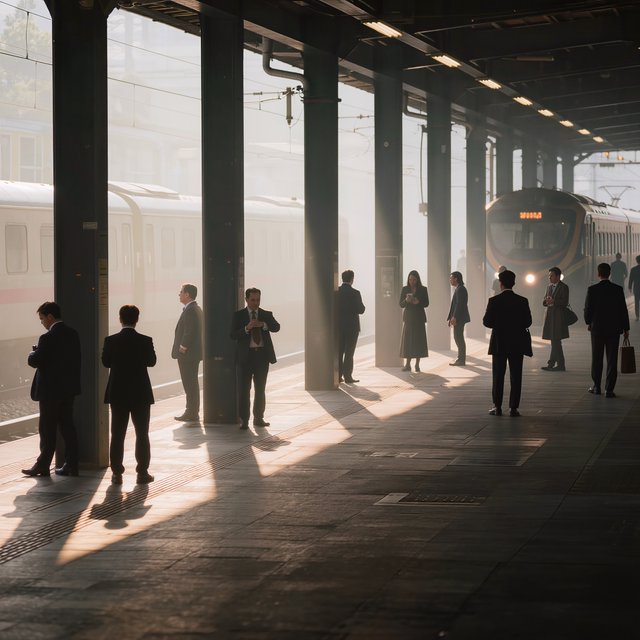 Across a broad station platform, adult commuters wait in loose clusters as a train approaches through pale dawn haze. A real-world press photograph uses a 135mm lens and deep focus; fine brake dust hangs in the sunlit air. — Kling v3