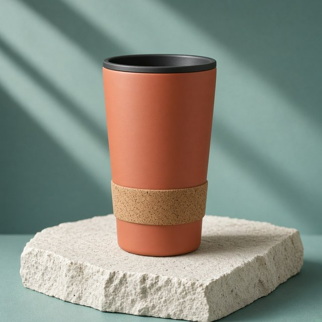 Commercial product photograph of an unbranded insulated travel mug made from matte terracotta powder-coated steel with a cork grip, standing on a pale limestone slab against a soft teal background, lit by broad diffused window light and a gentle edge light. — Grok Imagine Image 2