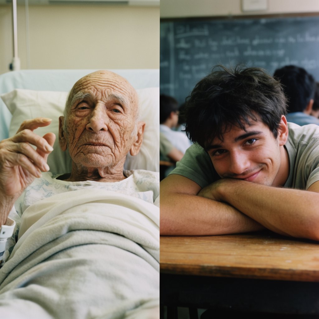 Realistic image. People discovering that their lives were all just a dream at the end of their lives. The whole time, they were just 21-year-old college students who took a nap in class. — Krea 2 Large