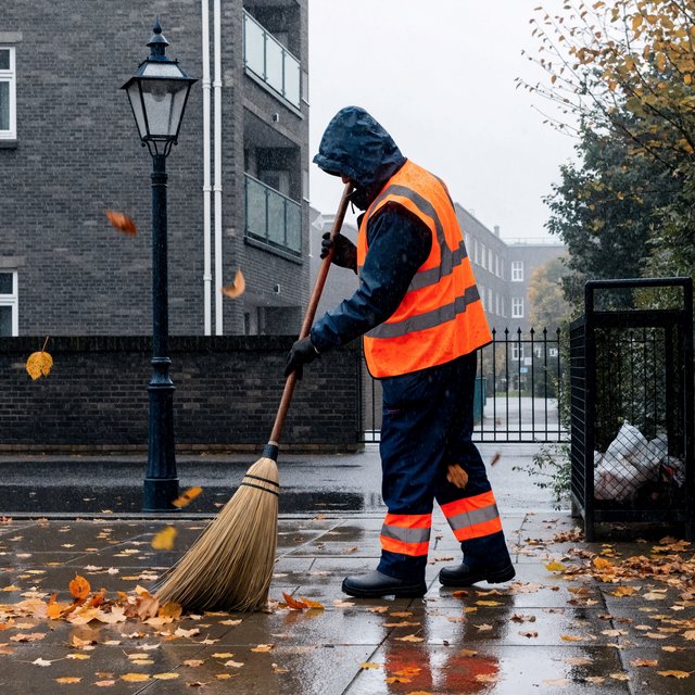 Candid documentary photograph of an adult groundskeeper sweeping damp leaves from an apartment courtyard, pale overcast morning light, 35mm lens with moderate depth of field, a few leaves caught midair in motion blur. — Recraft v4 Pro