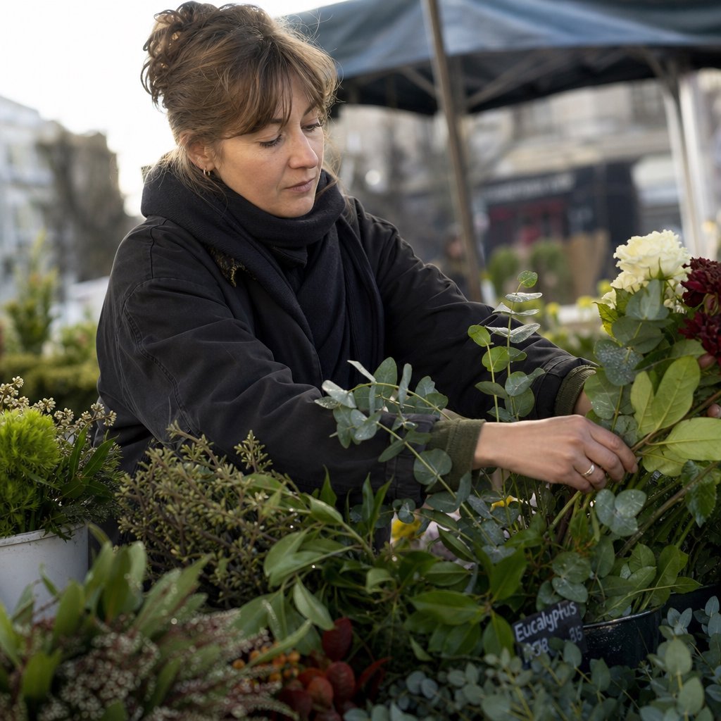 Candid documentary photograph of an adult florist arranging loose stems at an outdoor market stall, soft early-morning side light, 50mm lens with shallow depth of field, tiny water droplets beading on the cut leaves. — GPT Image 2
