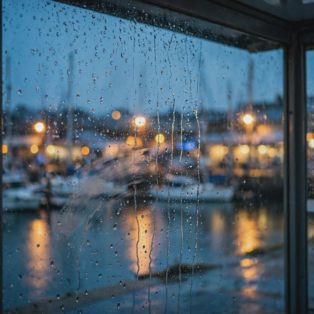 Raindrops crawl down a bus shelter pane, warping blurred harbor lights beyond. A handheld evening street snapshot in cool sodium glow, shot at 50mm with shallow depth of field, catches tiny water trails and a faint wipe mark. — Muse Image 1.0