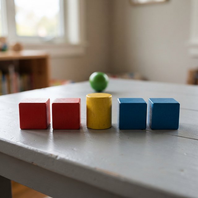Exactly five wooden toy blocks sit on a pale gray table: two red cubes on the left, one yellow cylinder in the center, and two blue cubes on the right. A small green ball sits behind the cylinder, nothing else. — Nano Banana 2 Lite