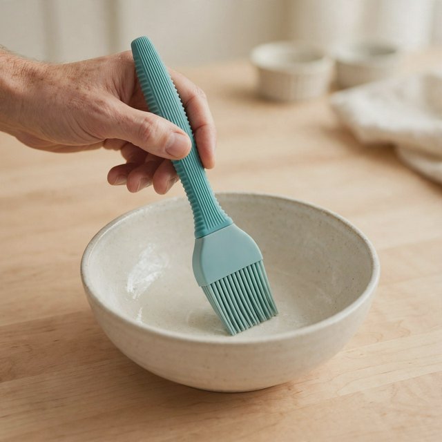 Across a honed maple counter, an adult hand guides an unbranded silicone pastry brush over a ceramic bowl; its ribbed teal handle catches diffused key light and warm bounce against a cream kitchen background, face cropped out, no lettering, commercial product image. — Muse Image 1.0