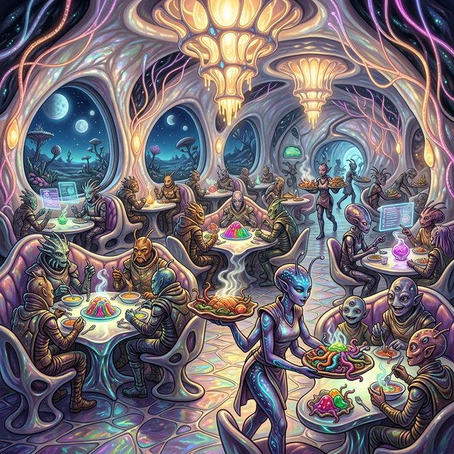 An alien restaurant on a strange planet. The interior is well lit, but the décor is very strange and out of this world. Alien waitresses are bringing in platters of food. Alien diners are eating very unusual dishes. — Nano Banana 2.1