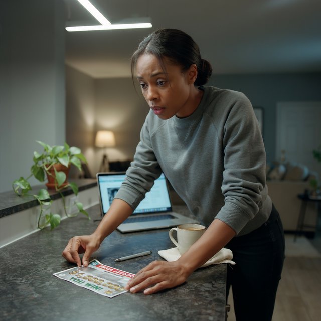 A realistic scene of a random adult person, either Black, white, or Asian, scratching a scratch ticket and discovering that they have won one million dollars. — Ideogram v4