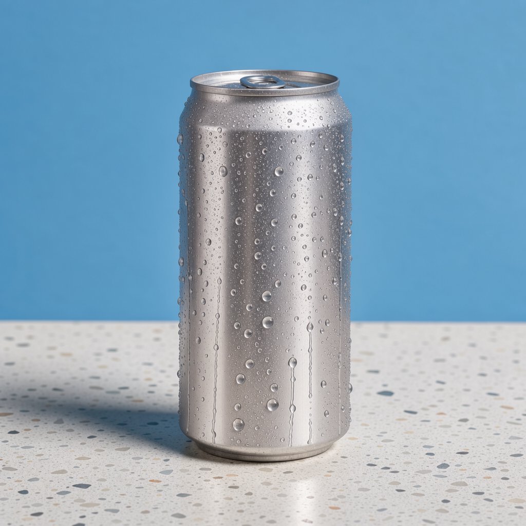 A slim, unbranded sparkling-water can of brushed aluminum, beaded with condensation, stands on a pale terrazzo surface against a seamless electric-blue background; broad overhead diffusion and a crisp side strip create clean highlights, with no lettering or graphics. — FLUX 3 Image