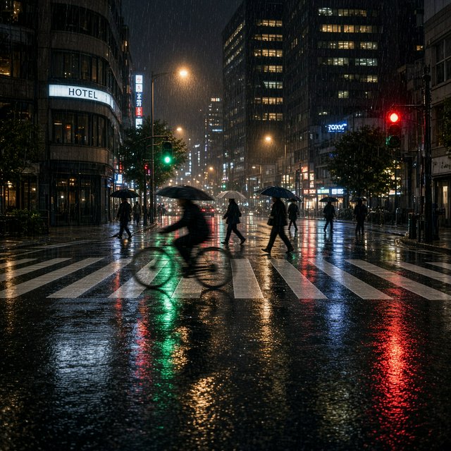 A rain-soaked city crosswalk at night seen from across the street, umbrellas, reflections of traffic lights on wet asphalt, slight motion blur on a passing cyclist. — Grok Imagine Image 2