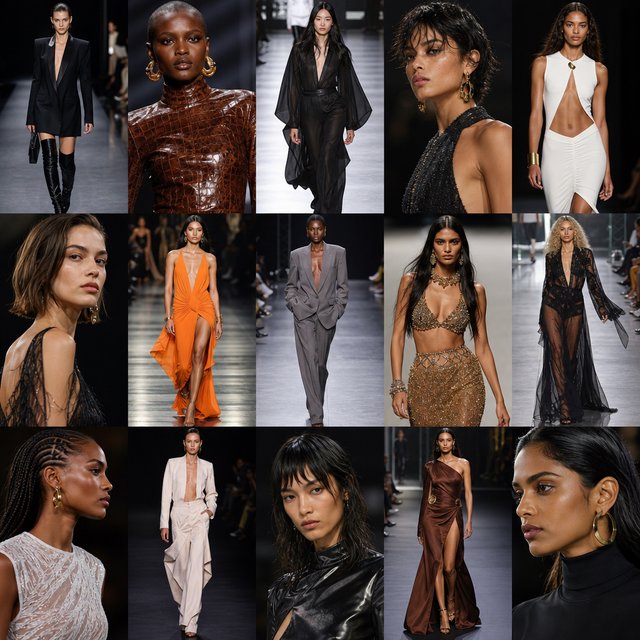 Adult female fashion models on the runway. There are models of all races: white, Black, Asian, Mexican, Indian, mixed race, etc. The vibe is cool and fierce. Many angles. — GPT Image 2