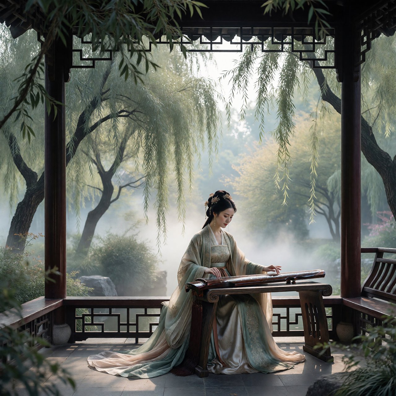 An elegant ancient Chinese lady in hanfu plays the guzheng in a quiet garden pavilion, surrounded by willow trees and mist, creating a poetic atmosphere. — ImagineArt 1.5 Pro