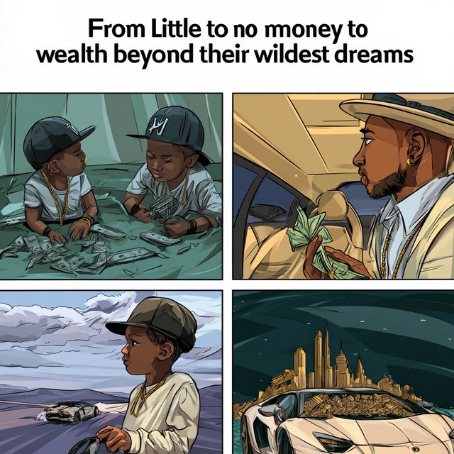 Realistic comic. At least 4 panels. It showcases 5 years of someone's life, from the first year, when they struggled to make money, to the fifth year, when they are worth millions to billions of dollars. Make sure money is seen at least once in the image. At the top, it says "From Little to no money to wealth beyond their wildest dreams". — Midjourney V8.2