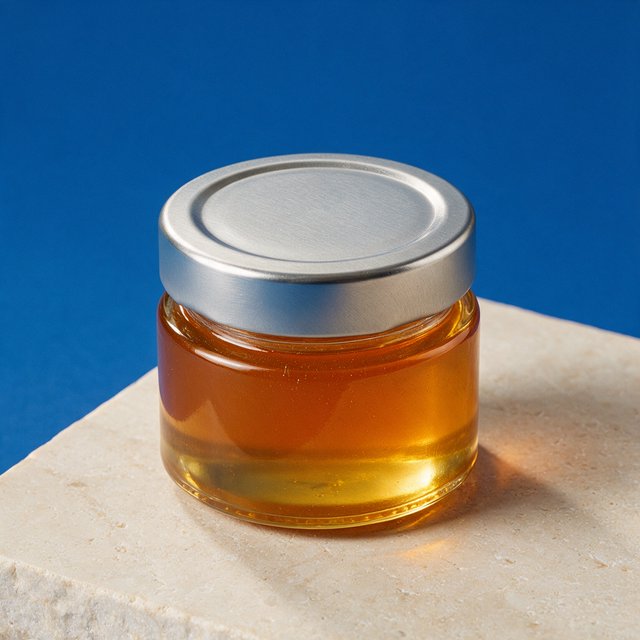 A squat unbranded honey jar with clear glass walls and a plain brushed-aluminum lid rests on honed pale limestone; broad diffused key light and warm rim light shape the commercial product image against a seamless cobalt-blue background, with no lettering. — Model 20