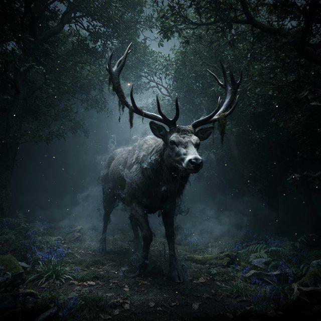 Low-angle wide shot, ancient overgrown oak forest at midnight: a colossal ghost stag looms, its semi-transparent form woven from swirling inky mist threaded with liquid silver moonlight. Polished obsidian antlers cut through shadow, jagged edges catching faint starlight, moss dangling from their points. Heavy hooves press into the loamy forest floor, wild bluebells and ferns curling black and crumbling to ash beneath each step. Hundreds of faint gold fireflies drift slowly through thick volumetric fog, their glows diffused in the haze. Deep indigo and charcoal color palette, somber quiet dread, atmospheric dark fantasy aesthetic, soft dappled moonlight filtering through a gnarled canopy, cinematic depth of field, sharp fine edges on the stag's antlers and decaying foliage. — Ideogram v4.5