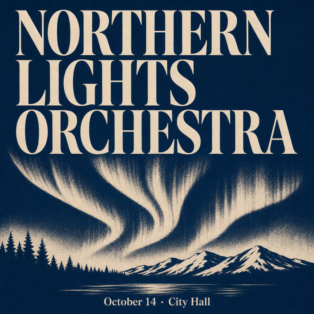 A minimalist concert poster with the words "NORTHERN LIGHTS ORCHESTRA" large at the top and "October 14 · City Hall" small at the bottom, two-colour print. — GPT Image 2
