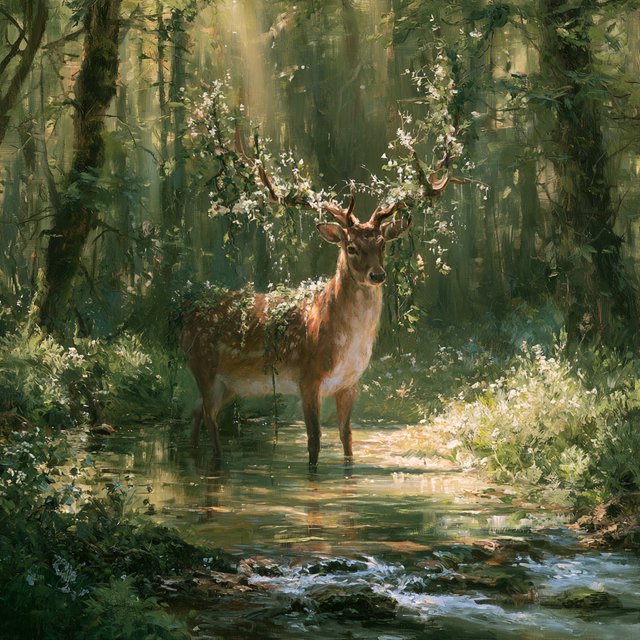 A majestic deer, its antlers intertwined with blooming vines, pauses by a crystal-clear stream in an enchanted glade. Sunlight filters through the canopy, dappling the forest floor. This is an oil painting with a rich, textured surface, capturing the dreamlike atmosphere of the scene. — Midjourney V8.2