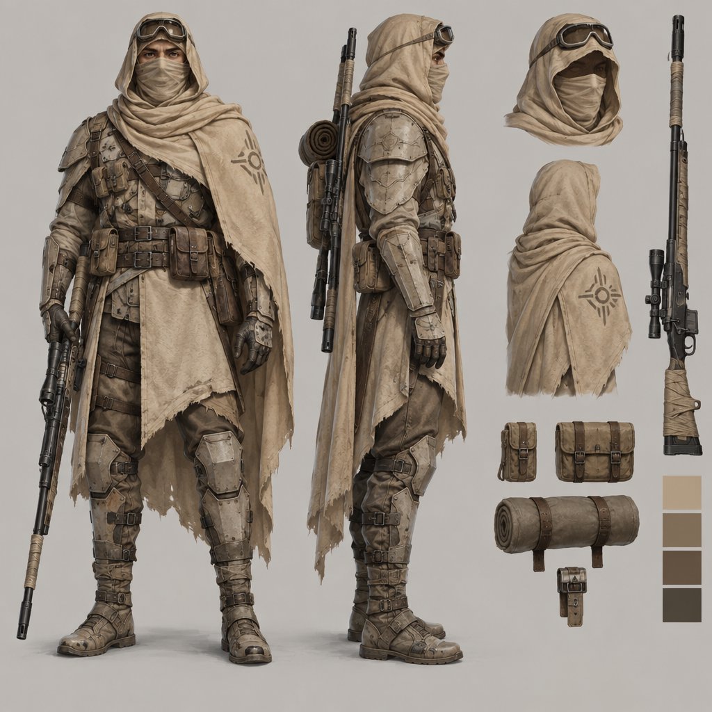 Character design sheet of a desert ranger in layered sand-coloured armour with a long rifle, front and side view, neutral background. — GPT Image 2.5 Sunburst