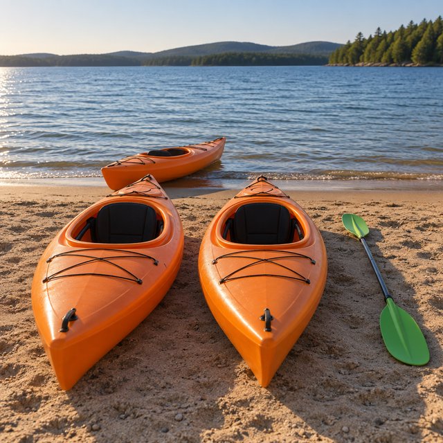 Exactly three orange kayaks rest on a sandy shore: two side by side in the foreground and one behind them near the water. A green paddle lies to the right of the kayaks, nothing else. — GPT Image 2.5 Sunburst