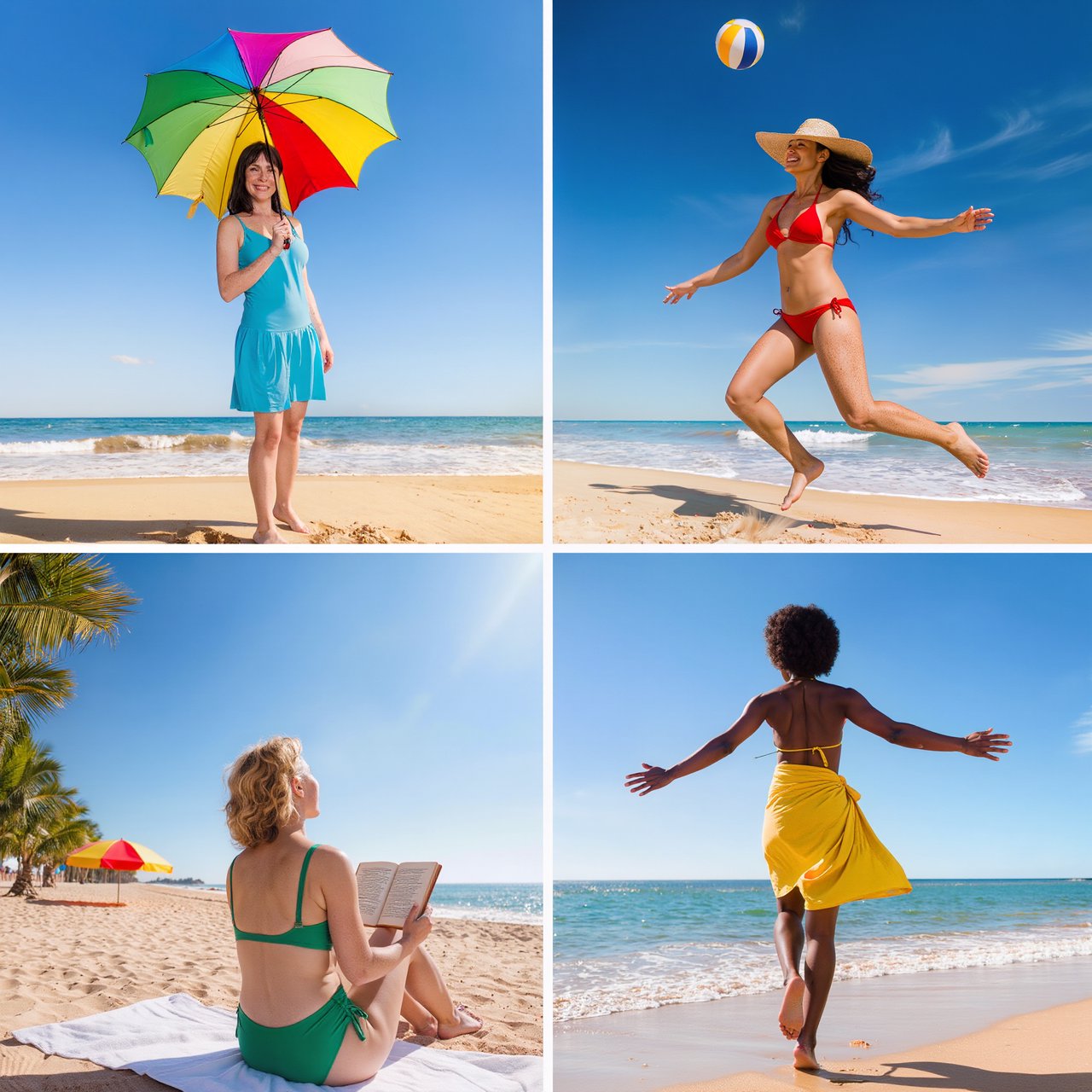 Photorealistic collage of at least four distinct beach scenes showing adult women from around the world having fun, with each scene presented from a different camera angle. — Kling v3