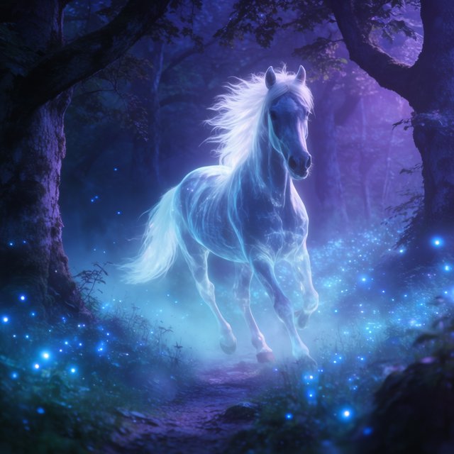 A majestic horse with a spectral mane and tail gallops through an enchanted, moonlit forest. Glimmering fireflies illuminate the path, casting an ethereal glow on ancient trees. The horse appears translucent, as if it's a phantom from another realm. The style is digital art, with surrealism and cinematic lighting to enhance the mysterious atmosphere — Krea 2 Large