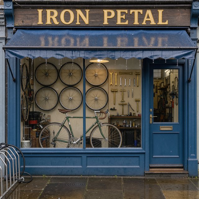Rain beads on a bicycle repair shop’s blue awning, with wheels and brass tools visible behind the glass; “IRON PETAL” is lettered in warm yellow enamel capitals across the wooden fascia. — FLUX 3 Image