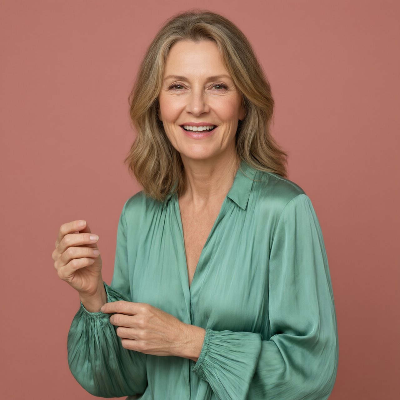 Portrait photograph of an adult woman in her early 60s wearing a softly pleated sea-green silk blouse, hands brushing its gathered sleeve fabric. Her amused, open expression stands against a matte rose backdrop, illuminated by broad, gentle studio light. — Qwen Image 3.0