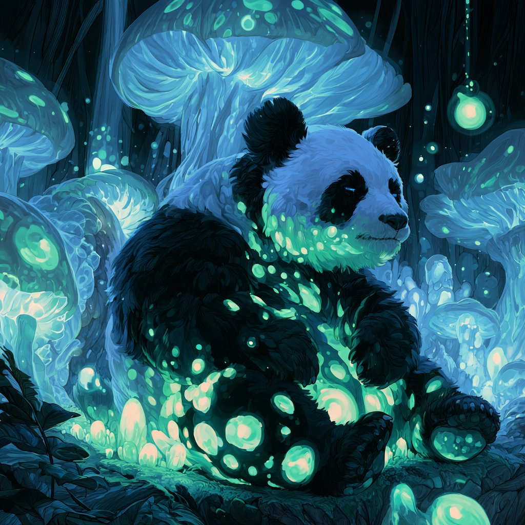 A bioluminescent panda bear, its fur patterns glowing with neon blues and vibrant greens, sits peacefully amidst a grove of luminous, alien flora. Giant, pulsing mushrooms and floating orbs of light create an otherworldly ambiance. The background fades into an inky blackness, making the glowing elements pop. Style: Sci-fi fantasy illustration with sharp, defined lines and glowing contrasts, drawing inspiration from futuristic concept art. — Midjourney V8.2