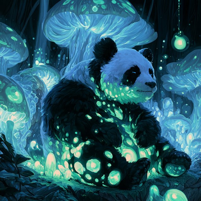 A bioluminescent panda bear, its fur patterns glowing with neon blues and vibrant greens, sits peacefully amidst a grove of luminous, alien flora. Giant, pulsing mushrooms and floating orbs of light create an otherworldly ambiance. The background fades into an inky blackness, making the glowing elements pop. Style: Sci-fi fantasy illustration with sharp, defined lines and glowing contrasts, drawing inspiration from futuristic concept art. — Midjourney V8.2