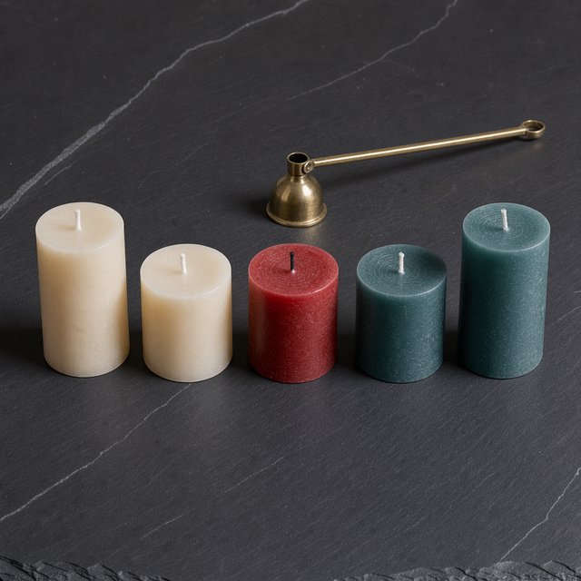 Exactly five candles stand on a dark slate tabletop: two ivory candles on the left, one red candle in the center, and two teal candles on the right. A brass snuffer sits above the red candle, nothing else. — FLUX 3 Image