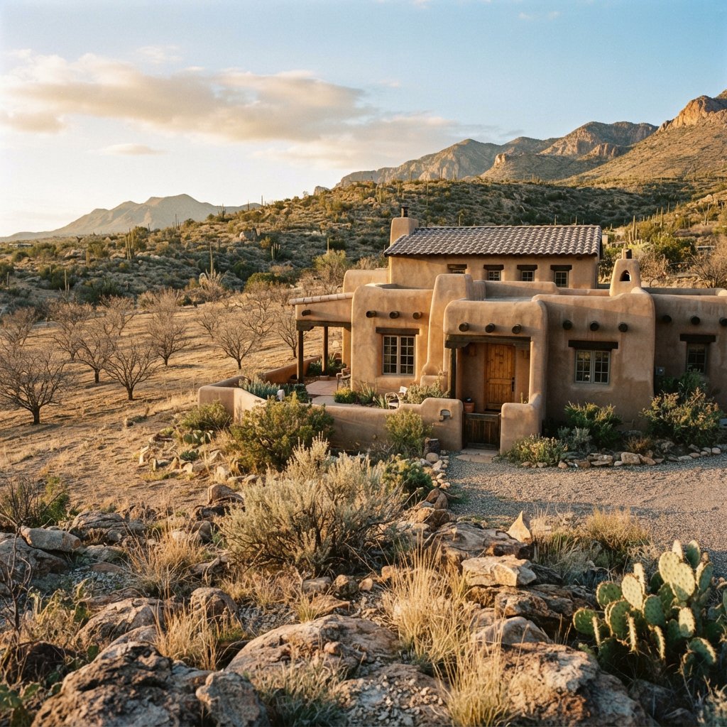 Beyond dry orchard rows, a Pueblo Revival adobe house settles into the desert foothills, with timber lintels and a muted clay roof; warm late-afternoon light, viewed from a rocky rise, reveals clean geometry and credible construction. — Nano Banana 2 Lite