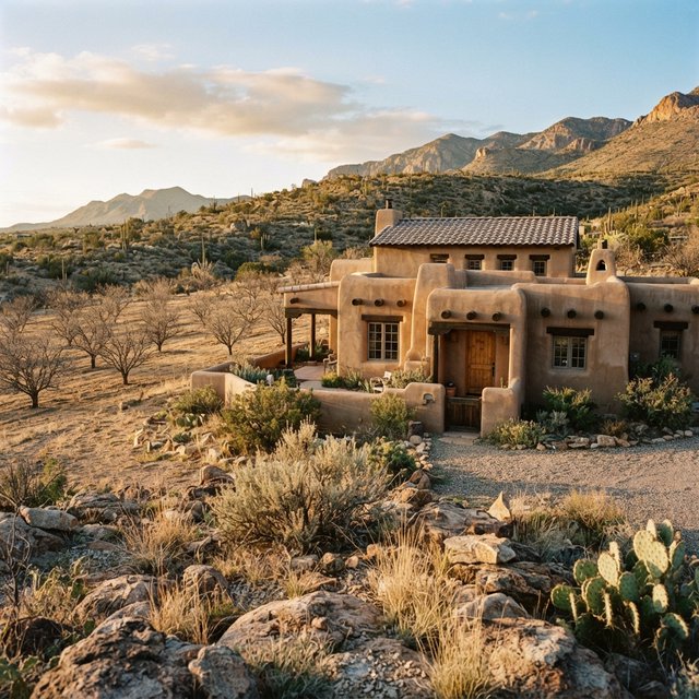 Beyond dry orchard rows, a Pueblo Revival adobe house settles into the desert foothills, with timber lintels and a muted clay roof; warm late-afternoon light, viewed from a rocky rise, reveals clean geometry and credible construction. — Nano Banana 2 Lite