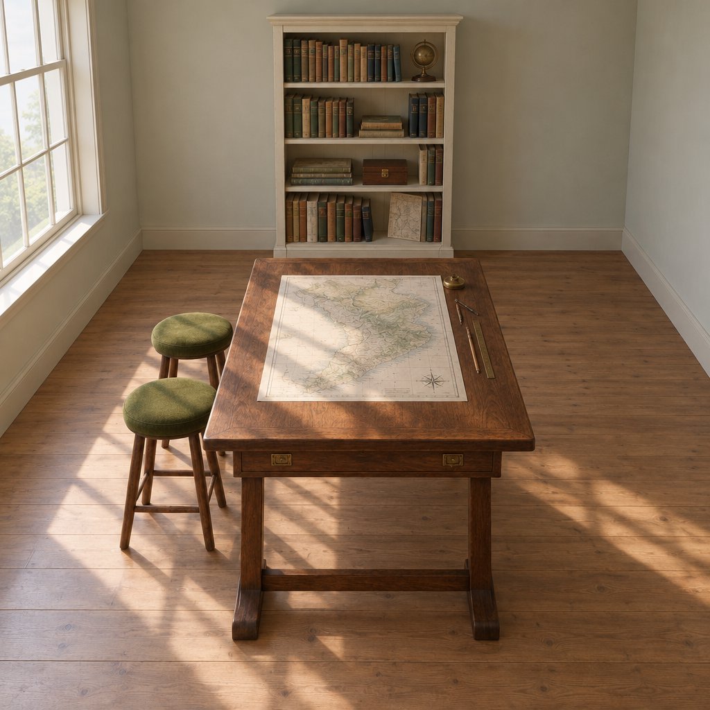 A quiet mapmaking room contains exactly one walnut drafting desk at the center, two moss-green stools side by side along its west edge, and one cream bookcase against the north wall; pale morning light, nothing else. — GPT Image 2.5 Flare