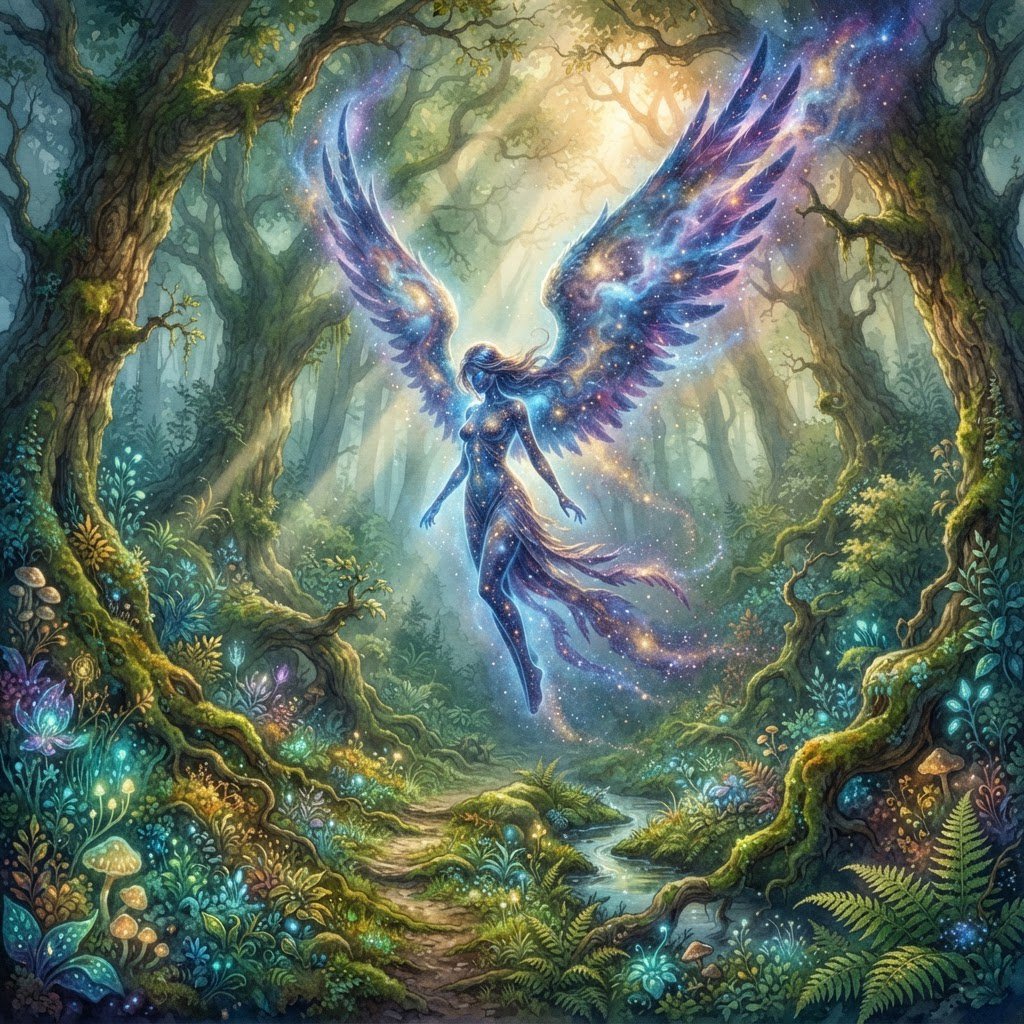 A lone angel with feathered wings, composed of swirling cosmic dust and nebulae, descends into a quiet, enchanted forest. Sunlight filters through the ancient canopy, illuminating wisps of mist and the vibrant, otherworldly plants below. The style is a fusion of hyper-detailed fantasy illustration and soft watercolor techniques, with the polished finish of concept art. — Nano Banana 2 Lite