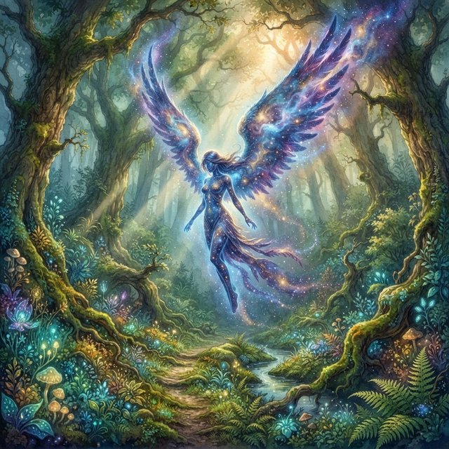 A lone angel with feathered wings, composed of swirling cosmic dust and nebulae, descends into a quiet, enchanted forest. Sunlight filters through the ancient canopy, illuminating wisps of mist and the vibrant, otherworldly plants below. The style is a fusion of hyper-detailed fantasy illustration and soft watercolor techniques, with the polished finish of concept art. — Nano Banana 2 Lite