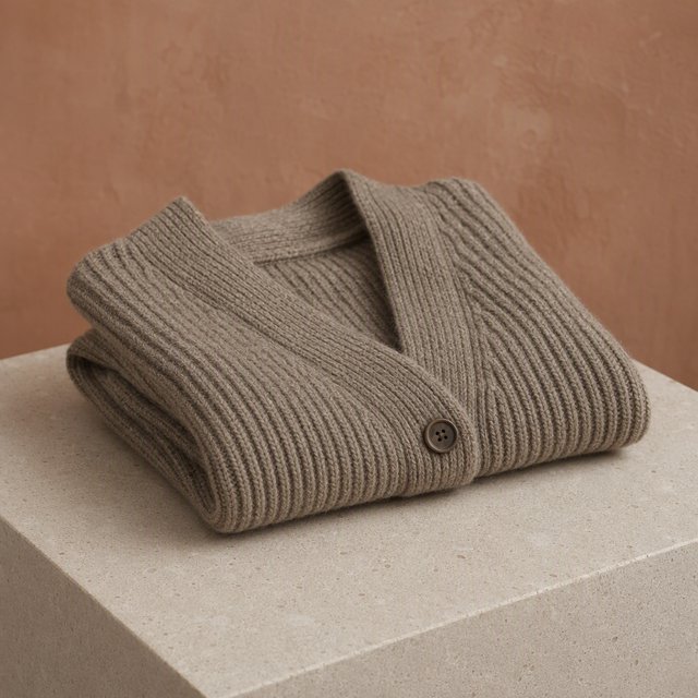 A folded unbranded merino cardigan rests on a honed limestone plinth, its chunky ribbed wool surface softly catching broad overhead diffusion and warm side bounce against a muted clay backdrop, with no tags, lettering, or graphics. — GPT Image 2