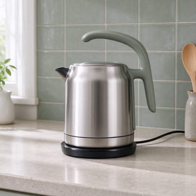 Morning daylight spills across a kitchen counter, revealing an unbranded electric kettle in satin stainless steel with a ribbed heat-resistant polymer handle. It sits on honed limestone against a muted sage backsplash, with window light and white bounce fill; commercial product image, no lettering. — Seedream 5.0 Flash