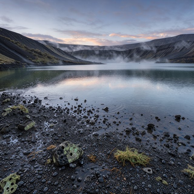 At first light, a rain-cleared volcanic caldera lake lies beneath thinning fog; pumice grains and damp lichen sharpen the near shore, while dark cinder slopes step back toward a distant rim. — FLUX 3 Image Klein