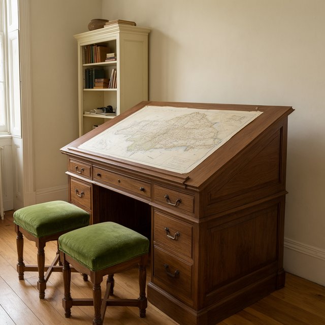 A quiet mapmaking room contains exactly one walnut drafting desk at the center, two moss-green stools side by side along its west edge, and one cream bookcase against the north wall; pale morning light, nothing else. — Qwen Image 3.0 Pro